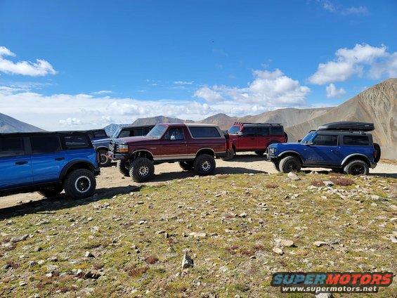 Several Ford Broncos parked on a rocky mountain landscape under a blue sky