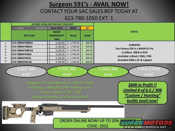 Document with pricing and product details for Surgeon 591 rifles, including a rifle image