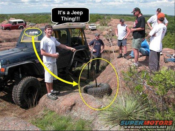 Dark blue Jeep Wrangler with a man standing next to it, a spare tire on the ground, and other people in the background