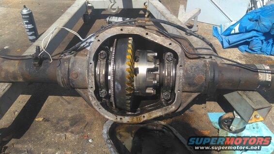 Regeared the 10.5" axle to 5.13 with new Ford e-locker. Also using a finned aluminum diff cover. Yukon gears and install kit, crush sleeve eliminator used