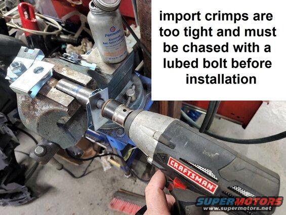 bedboltchased.jpg Aftermarket nuts included with bed bolts are crimped too much. If they're simply installed, they'll spin in their U-clips. To prevent that, chase each one with a lubricated bolt (anti-seize is what I use) before installation. Note that the vise is gripping the socket which holds the NUT - not the U-clip.
IF THE IMAGE IS TOO SMALL, click it.