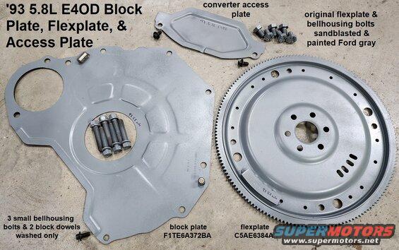 engineplate9358.jpg '93 5.8L Flexplate, Engine Plate, & Access Plate (sandblasted & painted; includes 6 bellhousing bolts, 6 flexplate bolts, & 2 access bolts)
IF THE IMAGE IS TOO SMALL, click it.