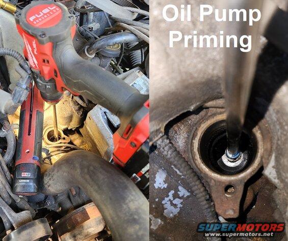 oilprime.jpg Oil Pump Priming
IF THE IMAGE IS TOO SMALL, click it.

After a rebuild or storage, an engine should be primed by driving the oil pump shaft (1/4" hex) the same direction that the distributor rotates (clockwise, forward on a drill).