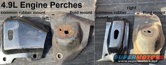 engmtfluidperches.jpg 4.9L Engine Mount Frame Perches
IF THE IMAGE IS TOO SMALL, click it.

Converting from the fragile, expensive, rare fluid mounts requires swapping the perches on the frame (left F4TA6061FB), and removing the perches from the block.

[url=https://www.supermotors.net/registry/media/1168440][img]https://www.supermotors.net/getfile/1168440/thumbnail/engperch49ls.jpg[/img][/url]
