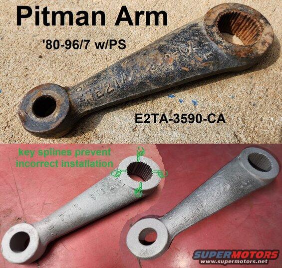 pitmanarm.jpg '80-96/7 Power Steering Pitman Arm
IF THE IMAGE IS TOO SMALL, click it.

The 4 key splines are 90&deg; apart, meaning the arm can only be installed in 4 positions. Since the sector shaft doesn't move 90&deg;, it's virtually impossible to install the arm wrong.