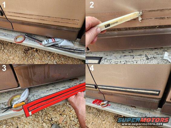 mouldingfix.jpg The bodyside mouldings are getting so old that they're hardening & curling, peeling themselves away. This one nearly came off on a long trip - it was hanging by a couple of inches when I got out at home. So I pulled it off & set it out in the sun so that it would curve the other way in the heat for a week, and then left it braced in that position as it cooled for several more days. Meanwhile, I used brake cleaner & a SpitzNagel ("sharp fingernail" plastic scraping tool) to remove the residue from the truck (same that were used to remove it from the moulding already) then cleaned the paint thoroughly. When the moulding was ready, I applied outdoor double-stick 3M foam tape and put it back on.
IF THE IMAGE IS TOO SMALL, click it.

A few months later, the driver's door moulding started coming away...