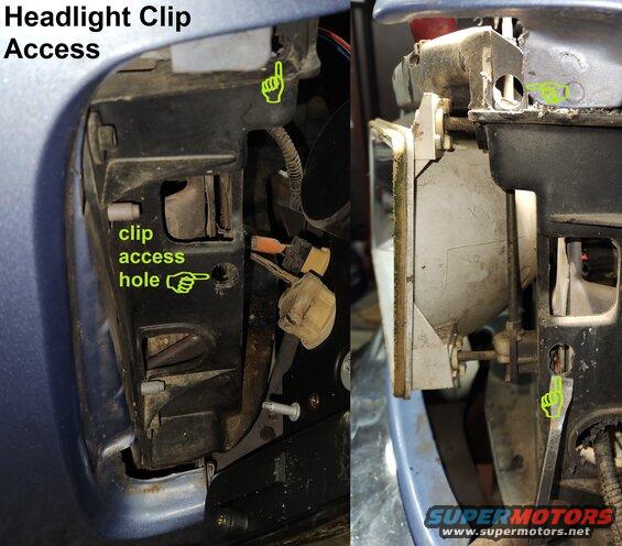 cliphole.jpg There's no reason to fight the original clips - just drill or hole-saw some access holes. I usually pop the clips out with a small prybar, long flathead screwdriver, or sharp hose hook.
IF THE IMAGE IS TOO SMALL, click it.

[url=https://www.supermotors.net/registry/media/1126364][img]https://www.supermotors.net/getfile/1126364/thumbnail/headlight_9296.jpg[/img][/url]