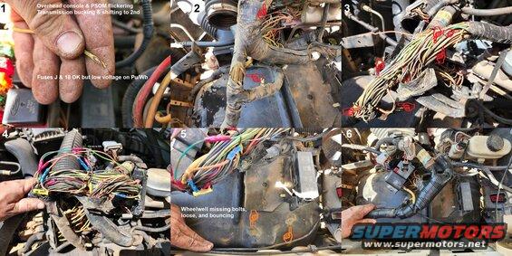 harnesswear95b.jpg Harness Repair
IF THE IMAGE IS TOO SMALL, click it.

The overhead console, speedometer, and a few other things became intermittent, and the fault was eventually traced to the engine bay wiring harness being loose over the LHF wheelwell, which was wearing through the wires (the PLASTIC wheelwell had rubbed through the convolute tube, the insulation, and the Copper strands).