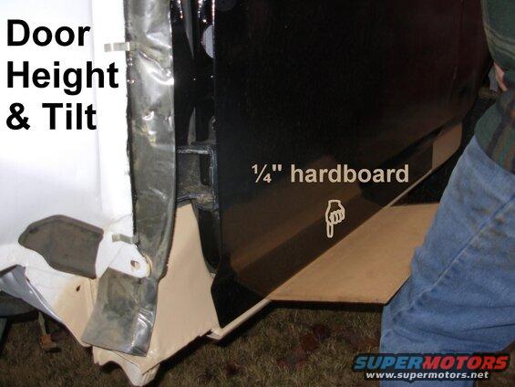 dooralignl.jpg Door Height & Tilt
IF THE IMAGE IS TOO SMALL, click it.

When a door is VERY out-of-alignment, the quickest way to get it back is to remove the fender & strike bolt, loosen all 10 hinge bolts, and use a thin board to hold the door parallel to the rocker while holding it against the cab opening & gasket, and lifting/lowering the board to adjust the door's height. The door's back edge should be 1/16~1/8" from the body, and its top about the same from the drip rail. When it settles into the opening, push the lower hinge HARD rearward against the door while tightening its bolts; then push the upper hinge HARD forward and up while tightening its bolts. That preloads the hinges the way the door will without the board. Ideally, the door should not drop or tilt when the board is removed. Then the position can be finely adjusted so the body line under the door handle PERFECTLY aligns with the cab body line, before re-installing the strike bolt and adjusting it to hold the door flush with the cab.