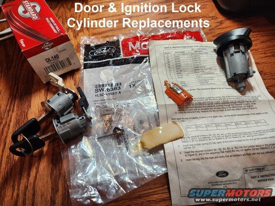 match01a.jpg Door & Ignition Lock Cylinder Replacements
IF THE IMAGE IS TOO SMALL, click it.

For any '80-96/7 F-series or Bronco, the best way to return the truck to new (un-worn) matched door & ignition keys (even '80-89s that used round-head door keys) is to buy an aftermarket (Standard [url=https://www.amazon.com/dp/B001DCECBC]DL140[/url] or [url=https://www.amazon.com/dp/B009B48XXW]DL140T[/url]) pair of 8-cut door lock cylinders with new keys, and build a new Ford 1L3Z11582A or [url=https://www.amazon.com/dp/B000IYIUGO]MotorCraft SW6383[/url] 8-cut lock cylinder kit to match those new keys according to this instruction sheet:

[url=https://www.supermotors.net/registry/media/1172280][img]https://www.supermotors.net/getfile/1172280/thumbnail/fordis.jpg[/img][/url]

A [url=https://www.amazon.com/dp/B01G0X6AMW/]pre-built set of aftermarket cylinders with genuine keys[/url] is available, but lower quality.

A bonus for '80-95s is that this allows the use of modern Bolt accessories (which don't work with the older 10-cut keys) like:
[url=https://www.amazon.com/dp/B005FNKFZ2]Cl.3-5 Receiver Lock Pin[/url]
[url=https://www.amazon.com/dp/B005K7W3TE]Cl.1-2 Receiver Lock Pin[/url]
[url=https://www.amazon.com/dp/B005FNKFYS]Padlock[/url]
[url=https://www.amazon.com/dp/B005K7W5HE]Cable Lock[/url]
[url=https://www.amazon.com/dp/B006KBLCJQ]Tool Box Paddle Latch[/url]
[url=https://www.amazon.com/dp/B008S9QV9E]Bare Cylinder[/url]
[url=https://www.amazon.com/dp/B00KQPMYF8]Trailer Tongue Lock Pin[/url]
[url=https://www.amazon.com/dp/B01MU2B03H]Trailer Ball Lock Shield[/url]
[url=https://www.amazon.com/dp/B08GP8FFSY]Recovery Hook[/url]

If the key or lock cylinder won't turn the vehicle OFF, read this:

[url=https://www.supermotors.net/registry/media/1172172_1][img]https://www.supermotors.net/getfile/1172172/thumbnail/actuatorpin.jpg[/img][/url]

See also:
[url=https://www.supermotors.net/registry/6098/31472-4][img]https://www.supermotors.net/getfile/701936/thumbnail/steeringcolumn92up.jpg[/img][/url] . [url=https://www.supermotors.net/registry/media/954784][img]https://www.supermotors.net/getfile/954784/thumbnail/lockidtsb960715.jpg[/img][/url] . [url=https://www.supermotors.net/registry/media/283193][img]https://www.supermotors.net/getfile/283193/thumbnail/lockcyl10cut.jpg[/img][/url] . [url=http://www.supermotors.net/registry/media/285906][img]http://www.supermotors.net/getfile/285906/thumbnail/02cylinder.jpg[/img][/url] . [url=https://www.supermotors.net/registry/media/1034952][img]https://www.supermotors.net/getfile/1034952/thumbnail/collar01.jpg[/img][/url] . [url=https://www.supermotors.net/registry/media/1172172][img]https://www.supermotors.net/getfile/1172172/thumbnail/actuatorpin.jpg[/img][/url]