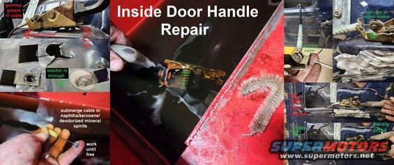 handlerepairs.jpg Inside Door Latch Handle Repair
IF THE IMAGE IS TOO SMALL, click it.

After removing the door panel, inspect the skin where the mechanism attaches. If the hinges or latch have been neglected, or if the cable has been greased, excess force needed to open the door will rip the sheet metal where the single bolt attaches the mechanism to the skin. A simple washer under the skin is usually enough to reinforce it, even with severe damage. The U-nut can be used to hold it in-place. The gap at the rear of the mechanism may also be closed, which is frequently mistaken for a stretched cable (which doesn't happen). If the cable is gummy, the latch must be removed from the door to remove & wash the cable in solvent. Bend the tab back so that the handle does not need to be lifted far to release the latch. This also puts the cable down against the door so that the panel's rear pocket lies flat instead of breaking at its front outer corner.

See also:
[url=https://www.supermotors.net/registry/media/478846][img]https://www.supermotors.net/getfile/478846/thumbnail/fsa92s42doorlatchseal.jpg[/img][/url]