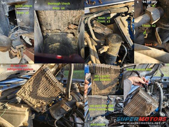evapclean96f150.jpg Evaporator Cleaning
IF THE IMAGE IS TOO SMALL, click it.

This truck was bought used with working A/C, but it didn't blow very hard. After a few months, it got bad enough to diagnose. The first step is to simply remove the 2 screws for the resistor plate, and look in the evaporator case. This one looked bad, so 4 more screws were removed to pull the blower motor. It was too filthy to clean in-place, so a few more screws were removed, making it possible to lift the evaporator out of its box while the refrigerant system is still pressurized. The fins were brushed, vacuumed, & blown dry, then hosed out backward. The accessible ducts and the squirrel cage were also cleaned before re-assembling everything. It now blows like a modern vehicle, for just a couple hours of work, without any special tools, or replacing any parts.

See also:
[url=http://www.supermotors.net/registry/media/309100][img]http://www.supermotors.net/getfile/309100/thumbnail/52evap.jpg[/img][/url] . [url=https://www.supermotors.net/registry/media/931423][img]https://www.supermotors.net/getfile/931423/thumbnail/evapdirt.jpg[/img][/url] . [url=https://www.supermotors.net/registry/media/512260][img]https://www.supermotors.net/getfile/512260/thumbnail/accontrols9296.jpg[/img][/url] . [url=https://www.supermotors.net/registry/media/883867][img]https://www.supermotors.net/getfile/883867/thumbnail/acboxout.jpg[/img][/url] . [url=https://www.supermotors.net/vehicles/registry/media/769742][img]https://www.supermotors.net/getfile/769742/thumbnail/02casescrews.jpg[/img][/url] . [url=https://www.supermotors.net/registry/media/724416][img]https://www.supermotors.net/getfile/724416/thumbnail/tsb950615acwhistle.jpg[/img][/url] . [url=https://www.supermotors.net/registry/media/724419][img]https://www.supermotors.net/getfile/724419/thumbnail/tsb950716blowerice.jpg[/img][/url] . [url=https://www.supermotors.net/registry/media/491916][img]https://www.supermotors.net/getfile/491916/thumbnail/acdiagnosis.jpg[/img][/url] . [url=https://www.supermotors.net/registry/media/724438][img]https://www.supermotors.net/getfile/724438/thumbnail/tsb951110accables.jpg[/img][/url] . [url=https://www.supermotors.net/registry/media/665548][img]https://www.supermotors.net/getfile/665548/thumbnail/tsb961307hvaccable.jpg[/img][/url] . [url=https://www.supermotors.net/registry/media/724076][img]https://www.supermotors.net/getfile/724076/thumbnail/tsb911505acswitchodor.jpg[/img][/url] . [url=https://www.supermotors.net/registry/media/1168496][img]https://www.supermotors.net/getfile/1168496/thumbnail/blowerrepairs.jpg[/img][/url]

To prevent it from happening again, read this & the NEXT 9 pages:
[url=https://www.supermotors.net/registry/media/947911][img]https://www.supermotors.net/getfile/947911/thumbnail/22screen.jpg[/img][/url]

GO TO THE NEXT SEVERAL PAGES...