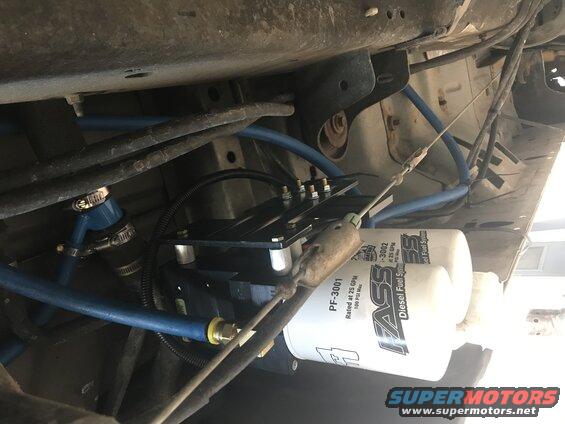 Diesel fuel filter and blue plumbing under a vehicle