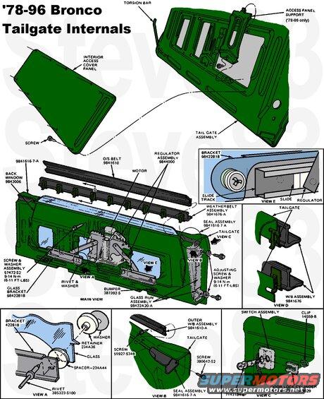 cutaway.jpg Tailgate Window Mechanisms
IF THE IMAGE IS TOO SMALL, click it.

The outside weatherbelt that wipes the glass (w/o defrost E0TZ9842006B, w/defrost F2TZ9842006A) is D8TZ-9841610-A and cost $24 in 1996.  The inner (9841676 above) is F6TZ-9842072-AA and was $27.  Use silicone spray lube on the flocked weatherbelts & glass runs.

The slides & tracks ON THE GLASS should be kept clean & dry because the plastic slides are their own lubricant. But if you must use grease, the best grease for them would be PTFE:
[url=https://www.fcsdchemicalsandlubricants.com/products/greases/productdetails?id=28][img]https://www.fcsdchemicalsandlubricants.com/images/products/XG8.jpg[/img][/url]
Graphite paint in the channels is even better because it dries.

Reassemble in this order:
1. pressure wash & allow to dry in sun for a day or 3
2. undercoat inside bottom (to prevent rust) & allow to dry for a day or 3
3. lock cylinder, latches, center mechanism, inside handle, bottom bumpstops, regulator w/motor
4. switch & harness, outside trim panel (if applicable)
5. side tracks
6. glass (F2TZ9842006A)
7. glass tracks, weatherbelts
8. end seals, rain shield
9. access panel