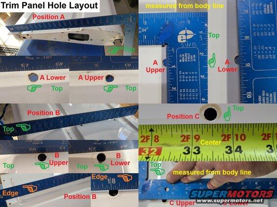 trimholelayout.jpg '87-96 Trim Panel Hole Layout
IF THE IMAGE IS TOO SMALL, click it.

Double-check against your trim panel's fastener locations before drilling. Carpet pin locations should be marked through the carpet's holes, after the carpet is aligned to the handle & centered on the t/g. Swingaway strike holes should be aligned to the interior structure and brace.

[url=https://www.supermotors.net/registry/media/1018335][img]https://www.supermotors.net/getfile/1018335/thumbnail/tgnew03.jpg[/img][/url] . [url=https://www.supermotors.net/registry/media/1174799][img]https://www.supermotors.net/getfile/1174799/thumbnail/strikeboltlocs.jpg[/img][/url]
