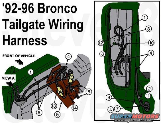 wiringb.jpg '92-96 Bronco Tailgate Wire Harness Routing
IF THE IMAGE IS TOO SMALL, click it.

1 - Wiring Assembly (Standard Production) 13A409
2 - Locator, Position in Hole Provided (Part of 14086)
3 - Screw N805375-S36MG
4 - Wiring Assembly (Tailgate) 14086
5 - Frame Assembly 5005
6 - Wiring Assembly 14405
7 - To Tailgate Assembly
8 - Locator (Shown in Installed Position) (Part of 13A409)
9 - Tailgate Assembly 40700
10 - To Backup Lamp
11 - Clip 377105-5
12 - To Turn Signal and Stoplamp
13 -  Interconnect (14405) 13A409
14 -  Cap 14A099

See also:
[url=https://www.supermotors.net/registry/media/692844][img]https://www.supermotors.net/getfile/692844/thumbnail/tgmotorwiring.jpg[/img][/url] . [url=https://www.supermotors.net/registry/media/1174807][img]https://www.supermotors.net/getfile/1174807/thumbnail/terminals-tinned.jpg[/img][/url] . [url=https://www.supermotors.net/registry/media/1174806][img]https://www.supermotors.net/getfile/1174806/thumbnail/switchtesting.jpg[/img][/url] . [url=https://www.supermotors.net/registry/media/1174802][img]https://www.supermotors.net/getfile/1174802/thumbnail/switch89c274.jpg[/img][/url] . [url=https://www.supermotors.net/registry/media/1174788][img]https://www.supermotors.net/getfile/1174788/thumbnail/latchswcont.jpg[/img][/url] . [url=https://www.supermotors.net/registry/media/1174781][img]https://www.supermotors.net/getfile/1174781/thumbnail/interptsw.jpg[/img][/url] . [url=https://www.supermotors.net/registry/media/1174777][img]https://www.supermotors.net/getfile/1174777/thumbnail/defrost9296.jpg[/img][/url] . [url=https://www.supermotors.net/registry/media/1174772][img]https://www.supermotors.net/getfile/1174772/thumbnail/connectorscmpr.jpg[/img][/url] . [url=https://www.supermotors.net/registry/media/1174771][img]https://www.supermotors.net/getfile/1174771/thumbnail/conn89b2b.jpg[/img][/url] . [url=https://www.supermotors.net/registry/media/1174769][img]https://www.supermotors.net/getfile/1174769/thumbnail/circuit93.jpg[/img][/url] . [url=https://www.supermotors.net/registry/media/1174770][img]https://www.supermotors.net/getfile/1174770/thumbnail/circuitmods.jpg[/img][/url] . [url=https://www.supermotors.net/registry/media/1174815][img]https://www.supermotors.net/getfile/1174815/thumbnail/wiring.jpg[/img][/url]