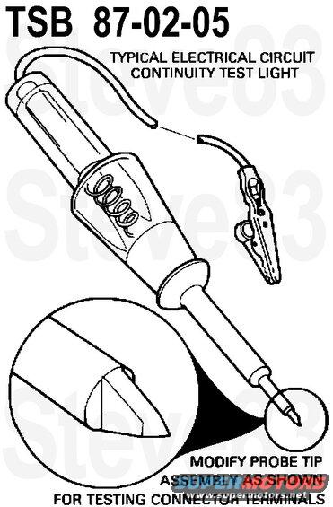 tsb870205termtest.jpg TSB  87-02-05 WIRING - CONTINUITY TESTING OF CONNECTOR TERMINALS - DIAGNOSTIC TIP

FORD 1984-86 CAPRI, LTD; 1984-87 ESCORT, EXP, TEMPO, MUSTANG, THUNDERBIRD, CROWN VICTORIA; 1986-87 TAURUS
LINCOLN-MERCURY 1984-86 MARQUIS; 1984-87 LYNX, TOPAZ, COUGAR, GRAND MARQUIS, MARK VII, CONTINENTAL, LINCOLN TOWN CAR; 1986-87 SABLE
LIGHT TRUCK 1984-87 RANGER, BRONCO II, BRONCO, E SERIES, F SERIES

ISSUE: A number of driveability conditions may be caused by loose terminal connections in the wiring harness connectors. Connector terminals can be spread or damaged by "jamming" the tip of the ice pick-type test probes into the connector ends when diagnosing electrical wiring concerns. (This article is being republished in it's entirety to advise dealership personnel of the following source for purchasing an electrical circuit continuity tester with the modified probe tip.)

ACTION: To prevent damage to the connector terminals, we recommend modifying the probe tip for testing as illustrated or purchasing an electrical circuit continuity tester from the following source.

Model #90-6060 Continuity Tester Dingman Electric, Inc. 489 E. Huron River Drive Belleville, Michigan 48111 Main Office (313) 697-9151
Contact: Mr. J. M. Dulmage (Jim)

OTHER APPLICABLE ARTICLES: 86-22-11