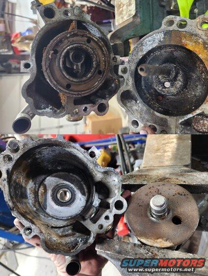 pump2ndryopen.jpg Secondary Air (Smog) Pump Guts
IF THE IMAGE IS TOO SMALL, click it.

The 2 rear vent holes visible in the upper right of the case allow penetrating oil to be used to free a stuck pump, and flowable grease to keep it moving. But if the cast Iron drum rusts too much, the pump must be disassembled & sandblasted to restore its movement. Graphite paint (like EZ Slide) can be applied where the drum rubs the case to prevent galling & seizing.

See also:
[url=https://www.supermotors.net/registry/media/766465][img]https://www.supermotors.net/getfile/766465/thumbnail/02smogpump.jpg[/img][/url]