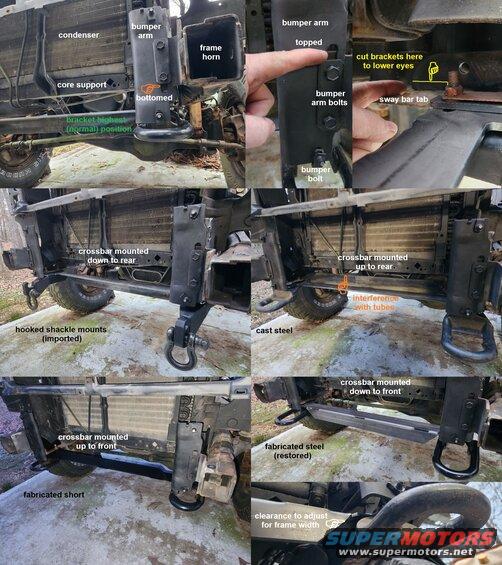 adjustments.jpg [url=https://www.amazon.com/dp/B0B5JYDRHQ]Bumper[/url], [url=https://www.amazon.com/dp/B08FBHGQ56]body[/url], [url=https://www.amazon.com/dp/B00B9EYEY4]grill[/url], & [url=https://www.amazon.com/dp/B009DK48YC]header[/url] removed for clarity.
IF THE IMAGE IS TOO SMALL, click it.

These brackets allow many adjustments so they can fit variations in frame width, bumper height, and recovery point design. But virtually any towing eye that fits '97-20 F150s will fit '92-96 Broncos (& some '92-97 F-series) with these brackets.
[url=https://www.supermotors.net/registry/media/1174899][img]https://www.supermotors.net/getfile/1174899/thumbnail/toweyes-cmpr.jpg[/img][/url] . [url=http://www.supermotors.net/registry/media/859671][img]http://www.supermotors.net/getfile/859671/thumbnail/21swaybartab2wd.jpg[/img][/url]

The side brackets are designed to sit on the Bronco sway bar tabs at "normal" height, which should also work for most body lifts. If the body mounts are collapsed (they should be replaced), or if the recovery points are too close to the bottom of the (properly-adjusted) bumper, then the entire system can be lowered by cutting off the distance needed (maximum of ~3/4" drop) at the area indicated in yellow from each side bracket. The crossbar can be mounted in any of 4 positions, but there may be interference with the ATF cooler tubes requiring slight bending of the tubes, or a small notch to be cut in the crossbar so the tubes don't rub it. For the best fit, the body & bumper should be centered on the frame, and the body mounts must be tight enough to keep it there (black Energy poly is recommended).

[url=https://www.supermotors.net/registry/media/1168661][img]https://www.supermotors.net/getfile/1168661/thumbnail/bodycentering.jpg[/img][/url]

[url=https://www.supermotors.net/registry/media/1174906][img]https://www.supermotors.net/getfile/1174906/thumbnail/allt.jpg[/img][/url] . [url=http://www.supermotors.net/registry/media/768017][img]http://www.supermotors.net/getfile/768017/thumbnail/9finished.jpg[/img][/url]

Installation:
1) mark the bumper relative to the body for alignment later, using an alcohol-erase marker &/or low-adhesion painter's tape (e.g. 3M Blue)
2) pull the rubber air dam inside the bumper down & fold it back behind the core support, on top of the sway bar if present; the grill (five #2 Phillips screws) may also be removed for access from above
3) remove the 4 bumper arm nuts (21mm); straighten the bumper & its arms if necessary; (if present) cut 4 slits into the air dam (F2TZ-17626-A) where indicated in this photo album, score and fold the tabs rearward & down to allow the towing eyes to protrude
[url=https://www.supermotors.net/registry/media/1174909][img]https://www.supermotors.net/getfile/1174909/thumbnail/airdamcut.jpg[/img][/url] . [url=http://www.supermotors.net/registry/media/859670][img]http://www.supermotors.net/getfile/859670/thumbnail/4valanceslots.jpg[/img][/url]
4) sight across the frame rails along the bumper tabs and bend them into line with each other using a [url=https://www.lowes.com/pd/CRAFTSMAN-24-in-Steel-Adjustable-Wrench-Individual/1000596551]large adjustable wrench[/url]
[url=https://www.supermotors.net/registry/media/1174911][img]https://www.supermotors.net/getfile/1174911/thumbnail/bumperftabs.jpg[/img][/url]
5) place each side bracket behind the bumper tab with the back of the bracket resting on the sway bar tab and the flat side of the bracket against the frame rail (LHF & RHF markings visible); if necessary, mark then cut the plastic filler (F2TZ-17A861-A Right; F2TZ-17A861-B Left) below each headlight to clear the brackets
[url=https://www.supermotors.net/registry/media/1126363][img]https://www.supermotors.net/getfile/1126363/thumbnail/grilleopening_9293.jpg[/img][/url]
6) loosely install the bumper with its arms' 4 bolts back through the frame tabs & the side brackets; adjust the bumper UP as far as possible without touching the body
7) position the nut plates in the side brackets above the bottom holes; loosely start the rear towing eye bolts (15mm) up through the crossbar (in your selected orientation) & brackets up into the nut plates
8 ) push the eyes (or shackle mounts) through the air dam, & hook them onto the rear bolts; install the front towing eye bolts, & check for clearance below the bumper (which must be at its proper height to the body)
9) if there is interference, note the vertical distance needed to clear the bumper, then remove the bumper, bolts, & side brackets; cut the necessary clearance height (~3/4" max.) from the bottom rear of each side bracket, indicated in yellow in this image, then repeat steps 5-8
10) ensuring proper alignment to the body, tighten the bumper nuts (21mm) to 45-60 lb-ft
[url=https://www.supermotors.net/registry/media/1172171][img]https://www.supermotors.net/getfile/1172171/thumbnail/bumperf9296.jpg[/img][/url]
11) tighten all 4 tow eye bolts (15mm) to 59 lb-ft (78 Nm)
12) reset the rubber air dam from the core support into the bumper & remove/erase any alignment marks

Actual shipping dimensions: 33x9x4" @19 lbs (brackets only)
Cast iron eyes: 13 lbs/pr
Aluminum eyes: 6 lbs/pr
Fabricated steel: 12 lbs/pr
Fabricated short: 7.5 lbs/pr
Imported shackle mounts: 10 lbs/pr

[url=http://www.supermotors.net/registry/media/891647][img]http://www.supermotors.net/getfile/891647/thumbnail/hookseyes.jpg[/img][/url]