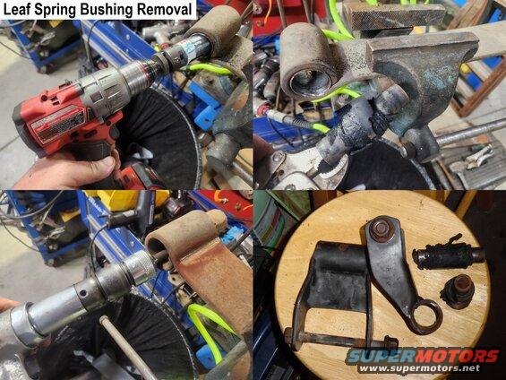 springbushingsaw.jpg Leaf Spring Bushing Removal
IF THE IMAGE IS TOO SMALL, click it.

The hole saw is my current favorite method because it's quick & relatively safe (compared to torching or drilling the rubber, or just opening the spring eye with cold chisels. If there's a sleeve remaining, the air hammer is quick to drive it out.