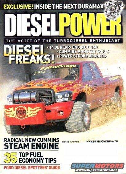 Red Dodge Ram pickup truck with flame decals and large tires on magazine cover.