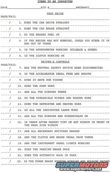 Vehicle inspection checklist document for test drive and driver's controls