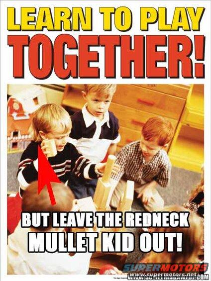 Meme with text about playing together and excluding a kid with a mullet.