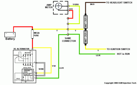 More detailed schematic of new charging system, showing how to integrate with the old wiring..