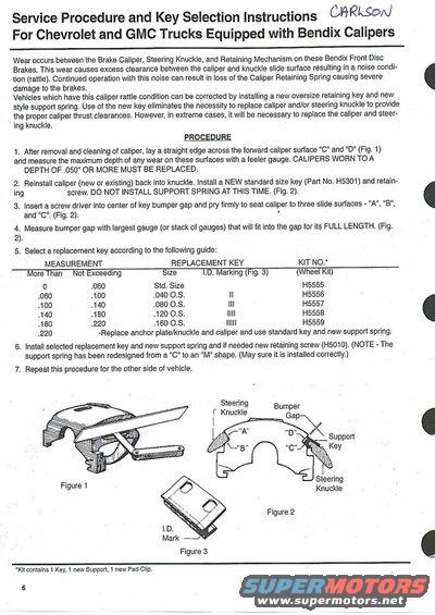 Service procedure and key selection instructions for Chevrolet and GMC trucks with Bendix calipers.