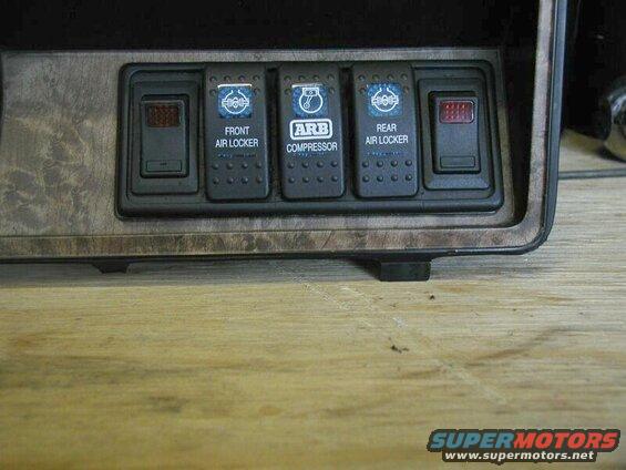From left to right - 110 psi or 150 psi pressure switch - front ARB on/off - master OBA system on/off - rear ARB on/off - drain solenoid on/off