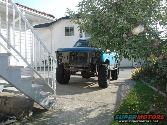 The new radiator support installed (hand tight) on the Bronco.
