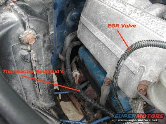 Close-up of engine components with labels pointing to EGR Valve and Thermactor Solenoid's.