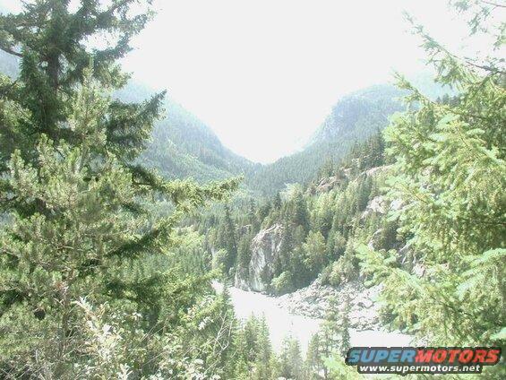 River valley with pine trees and mountains