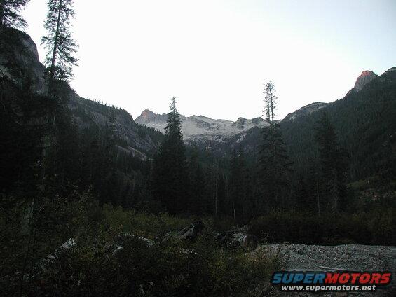 Mountain valley with evergreen trees and rocky peaks.