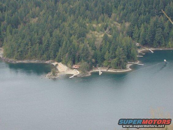 Wooded coastline with houses and docks on a body of water.