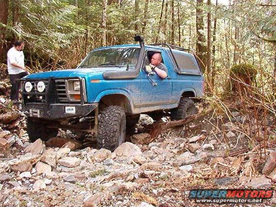 Blue Ford Bronco off-roading on a rocky, wooded trail.