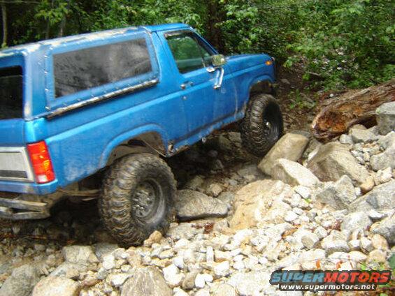 Blue Ford Bronco off-roading over rocks