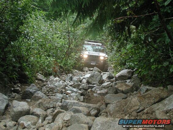 White Hummer H1 driving on a rocky, overgrown forest trail.