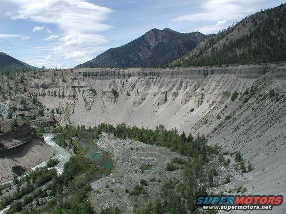 River flowing through a canyon with eroded walls and trees under a partly cloudy sky.
