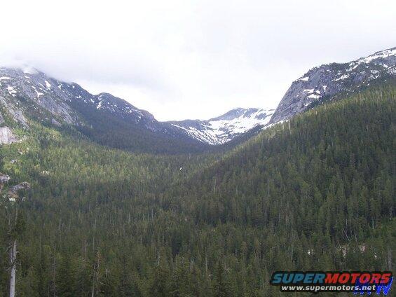 Forested mountain valley with snow-capped peaks under a cloudy sky.
