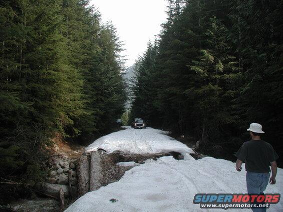 SUV on a snow-covered road in a forest with a person walking away.