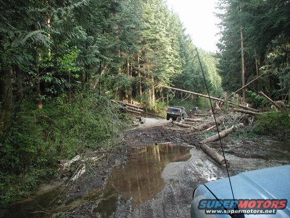 Blue vehicle hood and antenna on muddy forest road with fallen trees and another SUV.