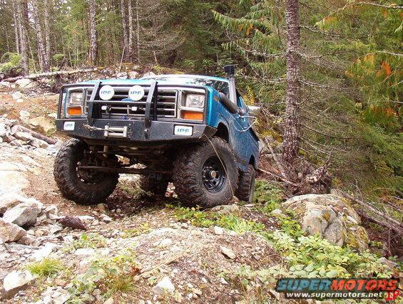 Blue Ford Bronco on a rocky trail with trees.
