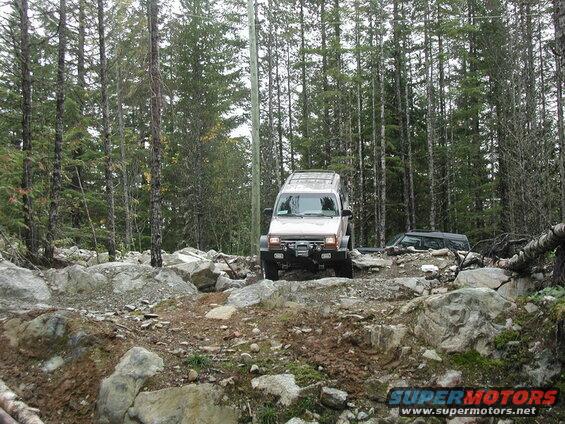 Tan SUV driving on a rocky trail in a forest.
