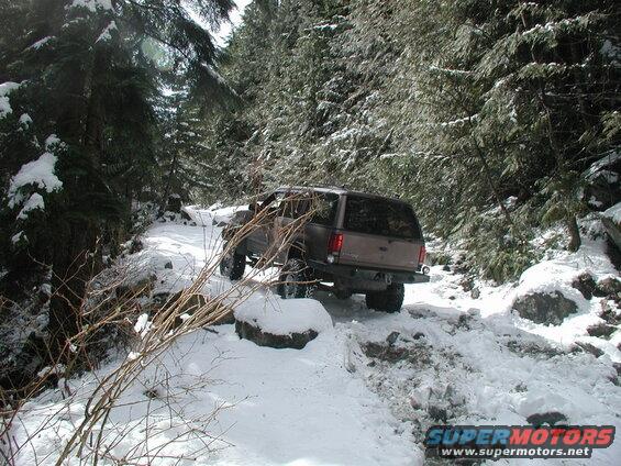 Tan SUV driving on a snowy, rocky forest trail.