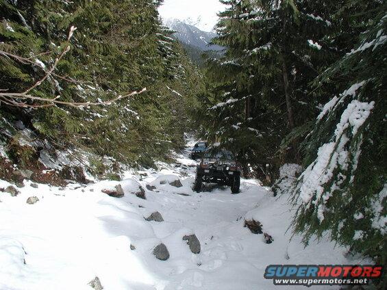 Two SUVs driving on a snowy mountain trail surrounded by pine trees.