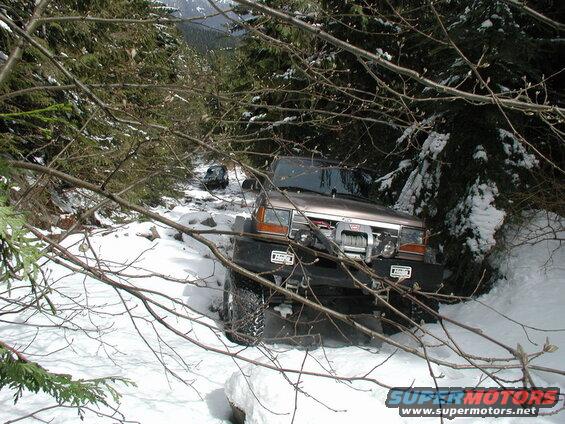 Brown Ford Bronco on a snowy forest trail with a winch.