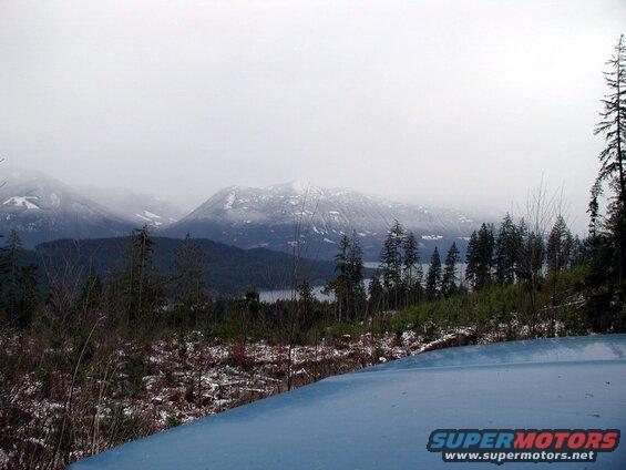 Blue vehicle hood in foreground with misty mountains and forest behind.