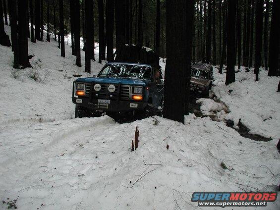 Two off-road SUVs driving through a snowy forest.