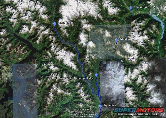 Satellite map showing a blue route through mountains with labeled locations like Pemberton, Whistler, and Squamish.